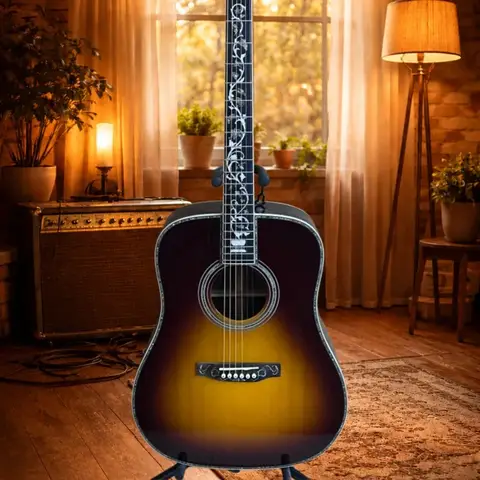 Sunset Burst Color Dreadnought Shape Style Model 41 Inch 6‑String Acoustic Guitar Acoustic Guitar Gloss Finish Vine Floral Inlay Ornate Binding Luxury Collection Stage Performance Wood Guitar