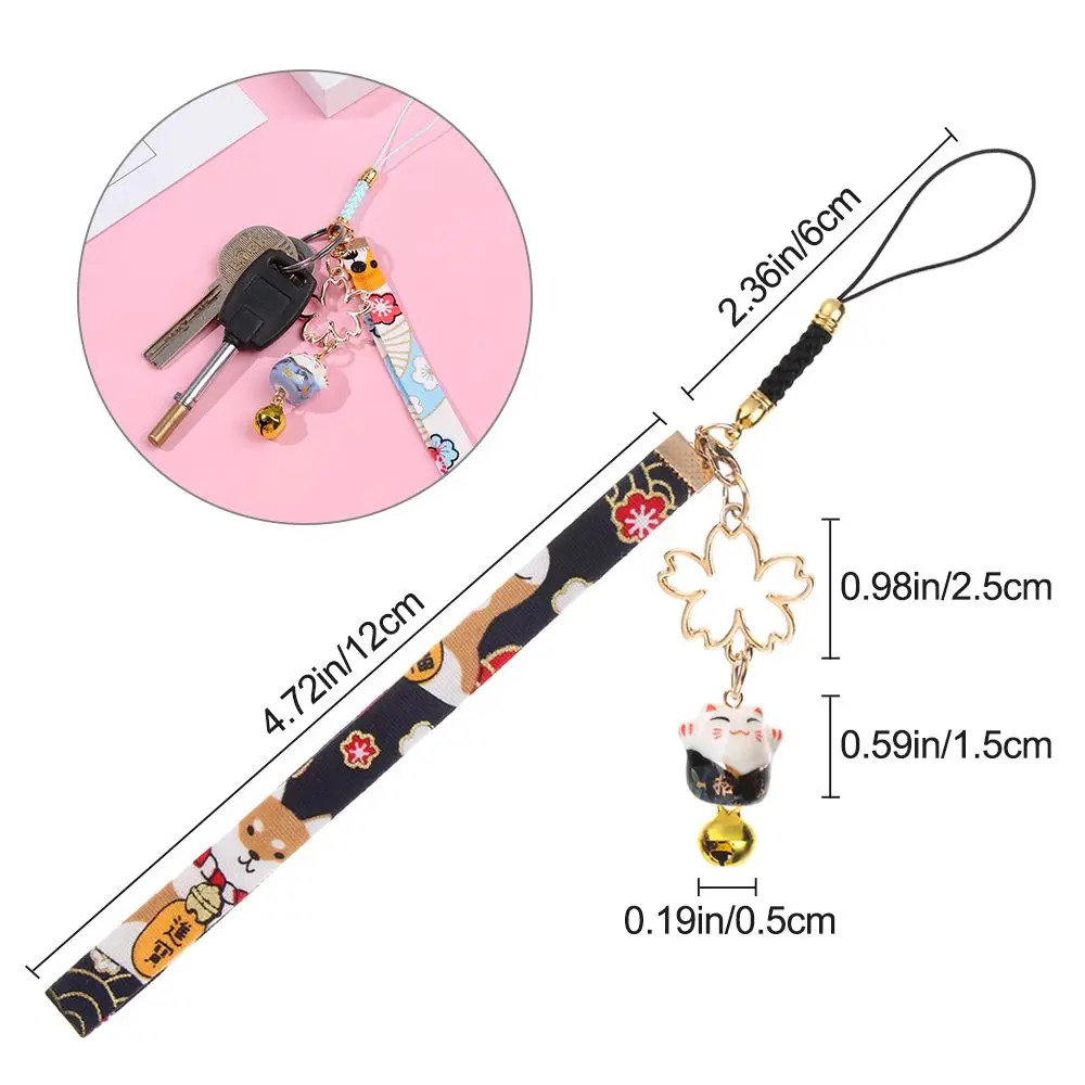 Bells Cherry Blossoms Lucky Cat Keychain Wrist Rope Lucky Cat Bell Sakura Phone Lanyard Phone Strap Lanyard Anti-lost Lanyard