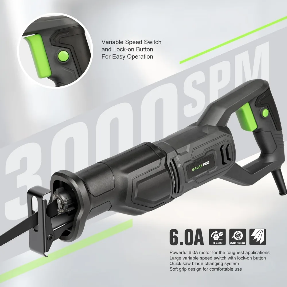 120V Reciprocating Saw, 6.0 Amp Variable Speed Corded with 1-1/8" Stroke, 2800RPM for Wood, Metal, PVC Pipe Cutting