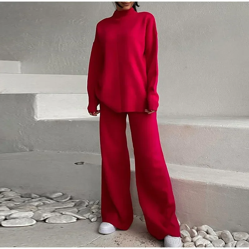 Split Turtleneck Women Sweater Suit Winter Solid Loose Casual Wide Leg Pants Female Two Piece Set 2024 Elegant Knit Tops Outfits