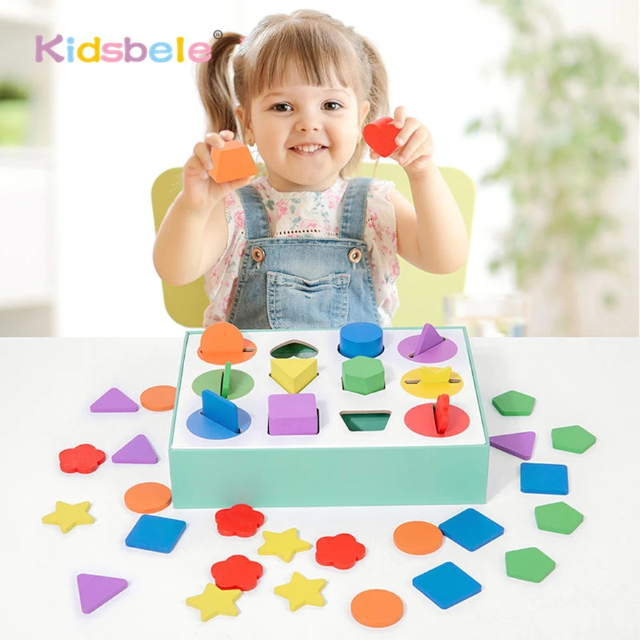 Caixa de classificação de forma de cor educacional crianças forma de madeira jogo de correspondência montessori cor cognição puzzle brinquedo 9 & 12 buracos caixa ocupada