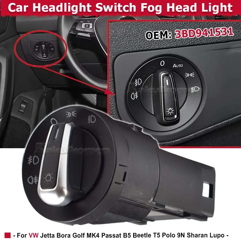 

3BD941531 Car Chrome Headlight Switch Fog Head Light Lamp Knob Button For Vw Jetta Bora Golf MK4 Passat B5 Beetle T5 Polo 9N