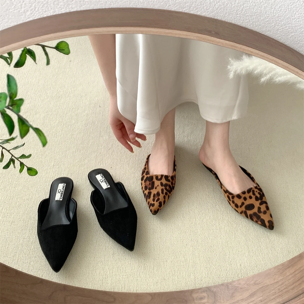 Women Slippers Pointed Toe Leopard Shallow Slip on Thin Low Heels Black Design Casual Mules Loafers Black Outdoor Platform Heels