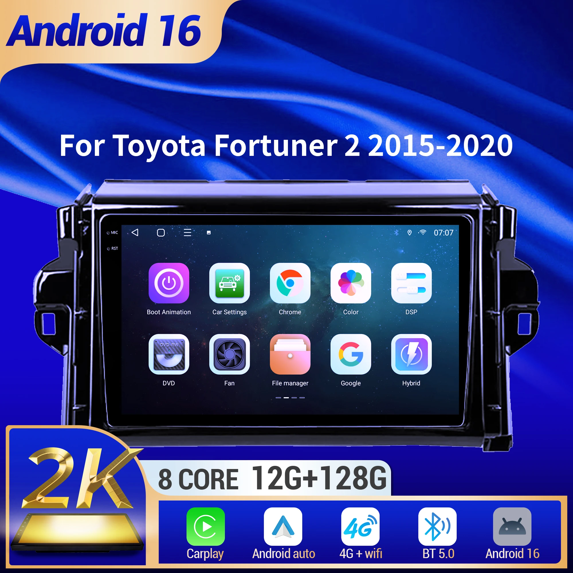 9 inch Car Radio Android 16 For Toyota Fortuner 2 2015-2020 BT Carplay Multimedia Navigation Head Unit 2K QLED Screen