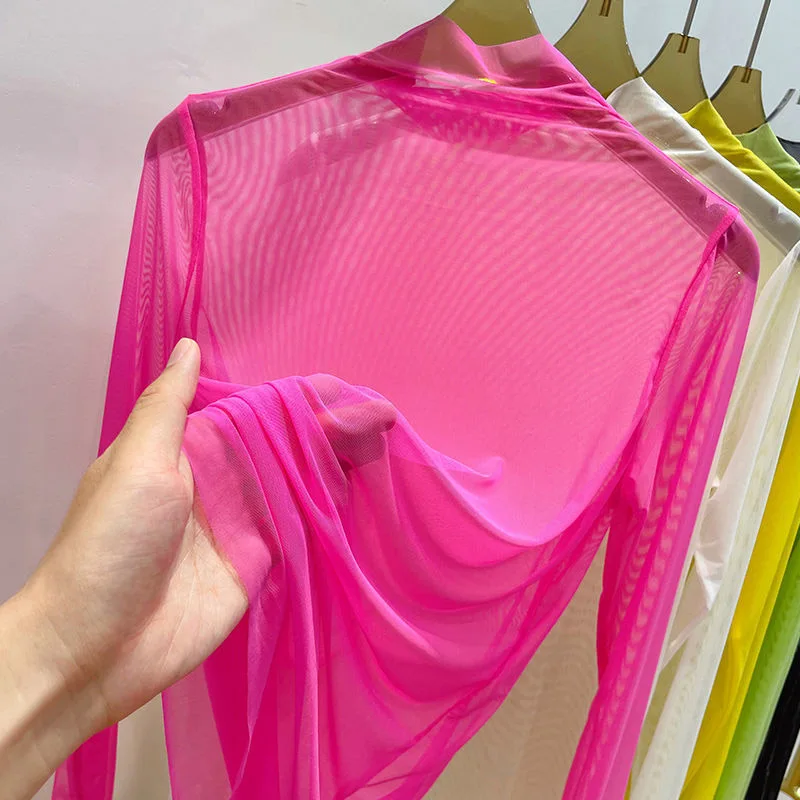 2026 Transparent Gauze Bottoming T-shirt Women Clothing Summer Long Sleeved T-shirt with Gauze Shirt Half High Collar Sunscreen