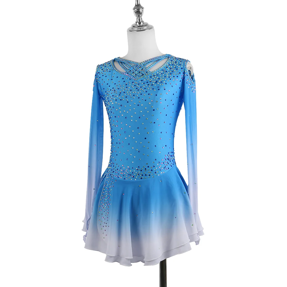 Zagitova Figure Skating Dress Women Girls Ice Skating Skirt Gradient Blue Off Shoulder With Shiny Diamond Mesh Skirt