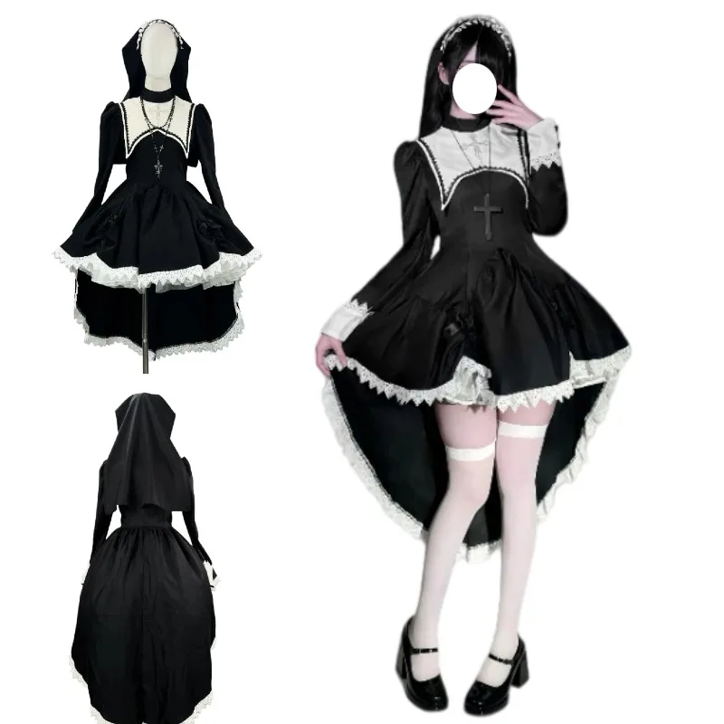 

Medieval Gothic Nun Lolita Dress Anime Cosplay Costume Black Cool Dress Uniform Fashion Halloween Party Role Play Suit S-5XL