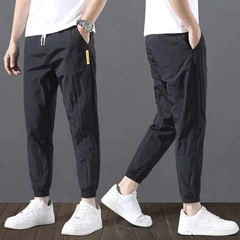 Summer New Fashion Trendloose Large Size Thin Ice Silk Breathable Korean Sports Casual Nine Point Pants 90s Vintage Clothes