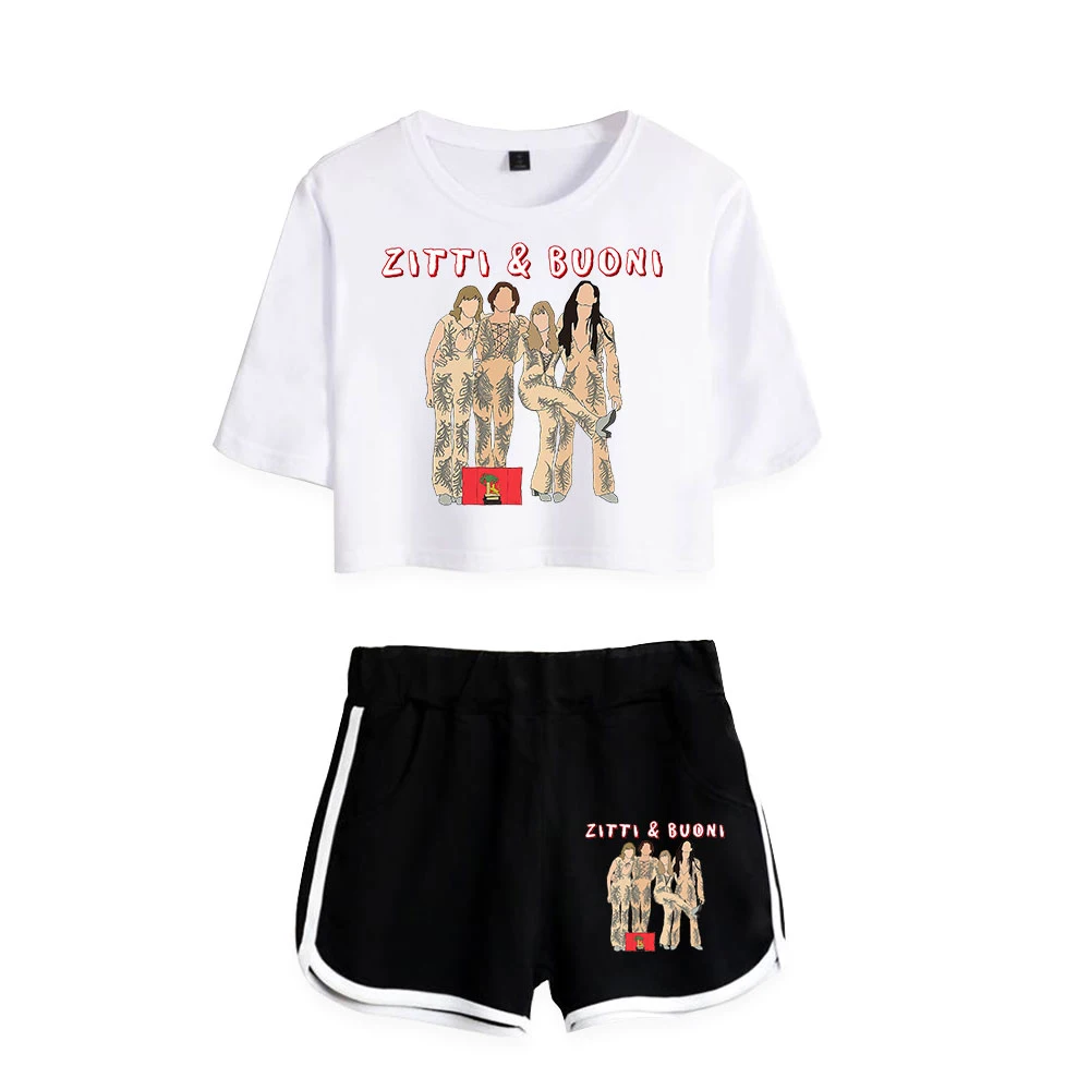 Cartoon Novelty Print Maneskin Print Short Sleeve Cool Sexy Shorts+lovely T-shirts Dew navel Pretty Girl suits Two Piece Set