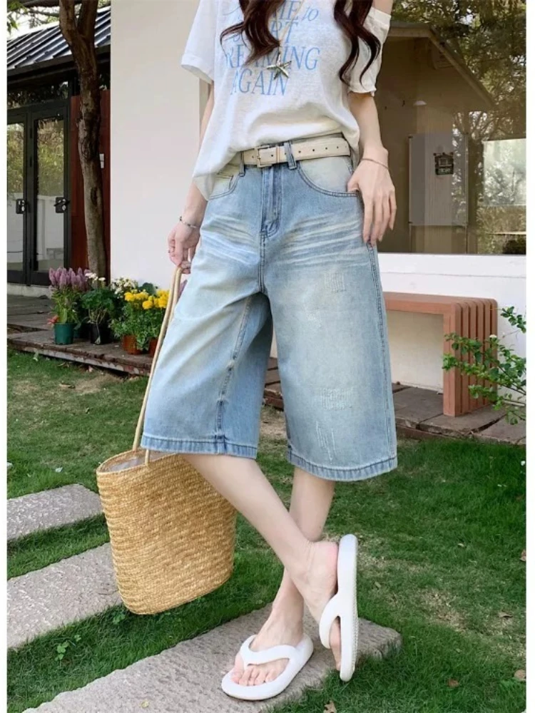 Jeans Light Blue Wide Leg High Waist Loose Casual Summer New Cropped Ripped Straight Mid For Women Slimming Chic Trousers