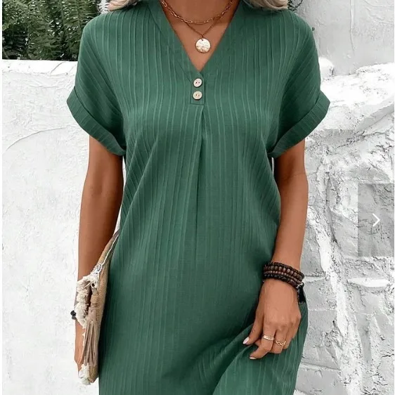 

Casual Women Short Sleeve Mini Dress 2024 New Spring Summer V-neck Loose Dresses Solid Beach Dress Casual Button Up Dress D61