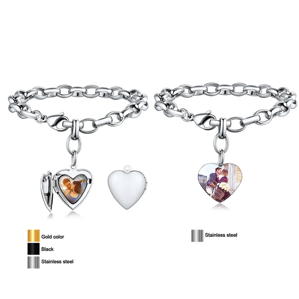 

U7 браслет-медальон из нержавеющей стали с фотографией в форме сердца для женщин, 7 мм, коробка-цепочка, регулируемая персонализированная унисекс BFF, ювелирные изделия для пар