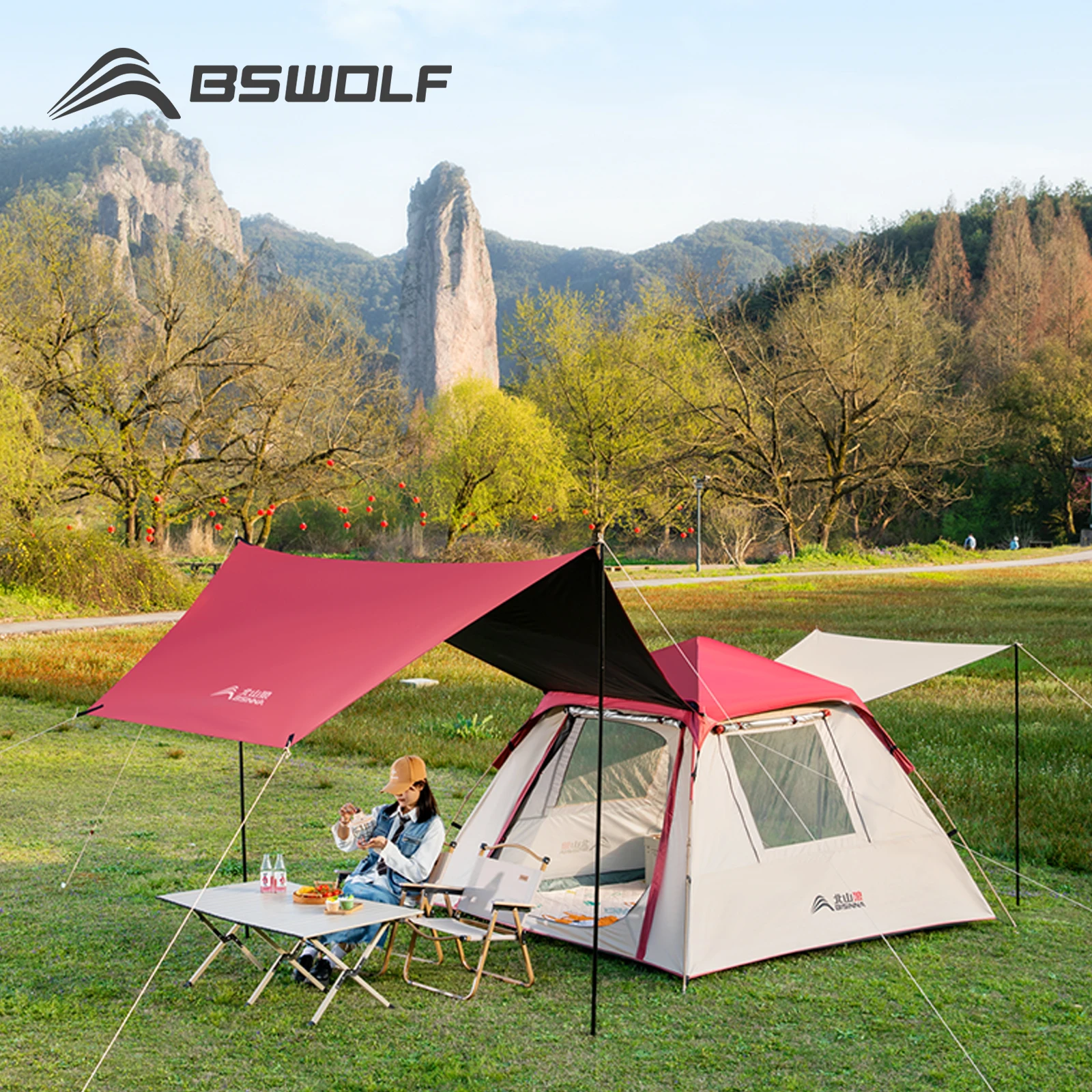 BSWOLF Automatic Tent Outdoor Folding Portable Canopy 2-in-1 Wilderness Camping Rain Proof Glass Pole Tent