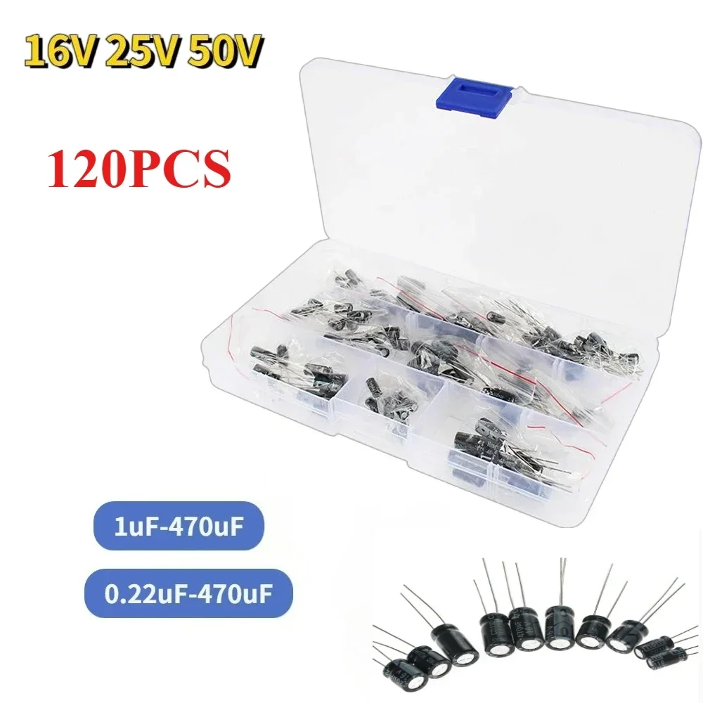 120PCS 16V-50V Aluminium-Elektrolytkondensator-Set 12 Werte 1uF-470uF, 0,22uF-470uF DIP-Kondensatoren-Sortiment-Kit