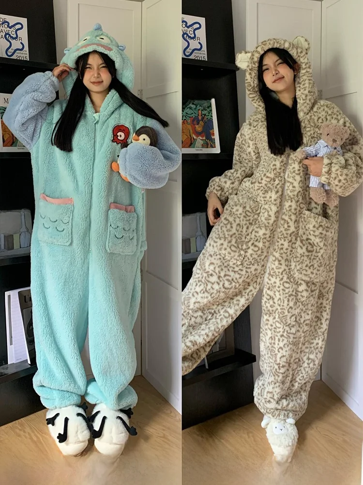 

Adorable Coral Fce Onesie Pajamas for Girls Thiened Fluffy Home Clothes Winter 2024 New Sle Long Sve Zipper Closure
