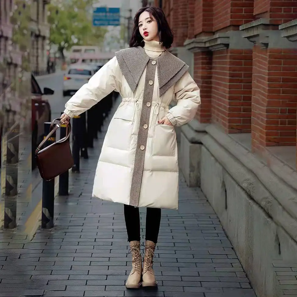 Women's Splicing Hooded Bomb Jacket, Over the Knee Coat, Comfortable, Over the Knee, Contrasting Colors, Winter