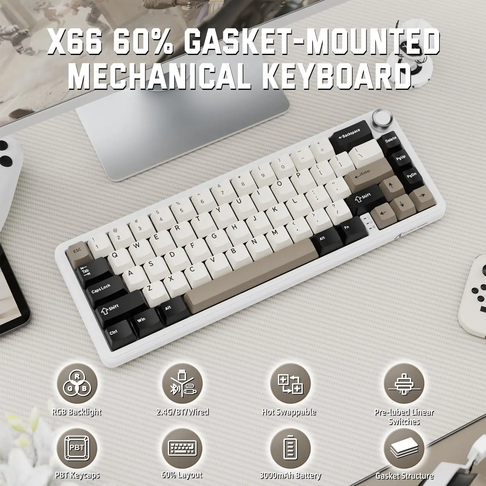 

Беспроводная механическая игровая клавиатура Attack Shark X66 Gasket с регулятором громкости, RGB-подсветкой и PBT-кейкапами с боковой печатью