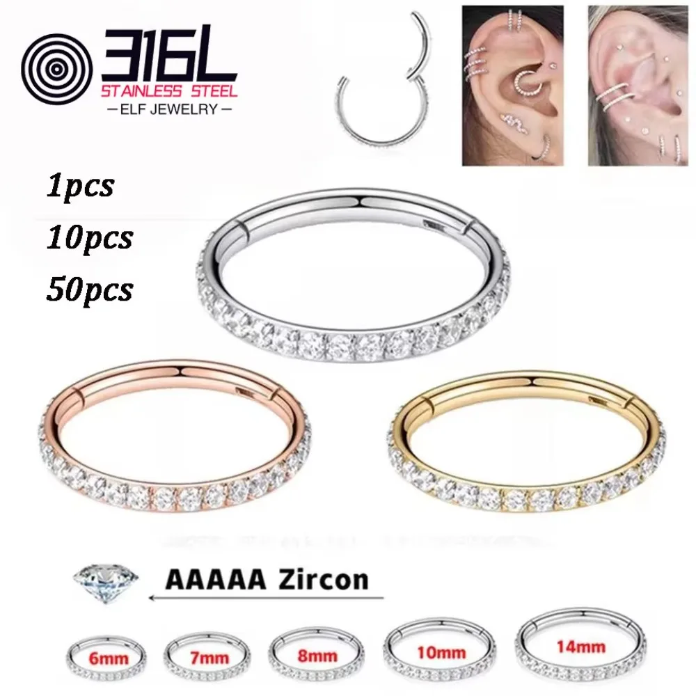 1/10/50PCS Stainless Steel Zircon Septum Clicker Hinged Segment Nose Piercing Ear Cartilage Helix Tragus Daith Nose Ring
