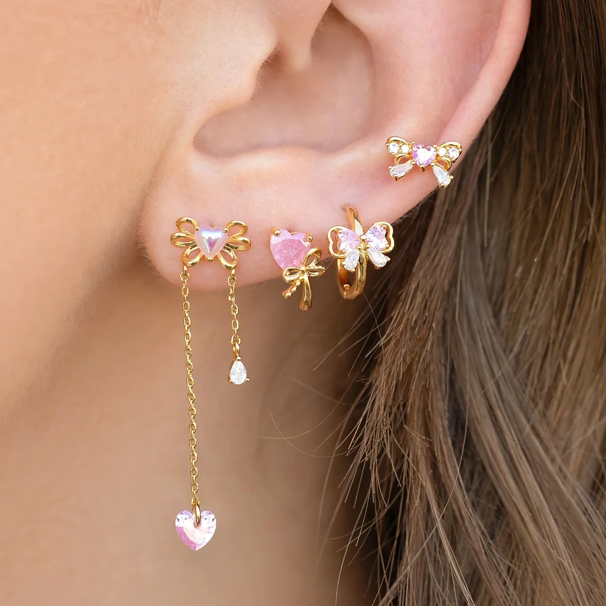 MIGGA 4pcs Sweet Pink Bowknot Stud Earrings Set for Women Girls Gold Color Cubic Zircon Jewelry