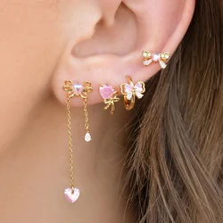 MIGGA 4pcs Sweet Pink Bowknot Stud Earrings Set for Women Girls Gold Color Cubic Zircon Jewelry