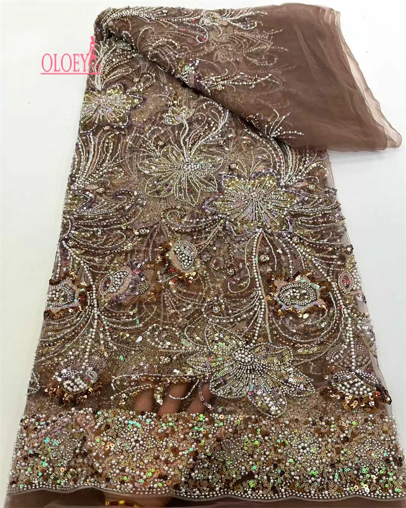 OLOEY Luxury African Sequins Beaded Lace Fabric High Quality Groom Nigerian Wedding Bridal Embroidery French Tulle Sewing