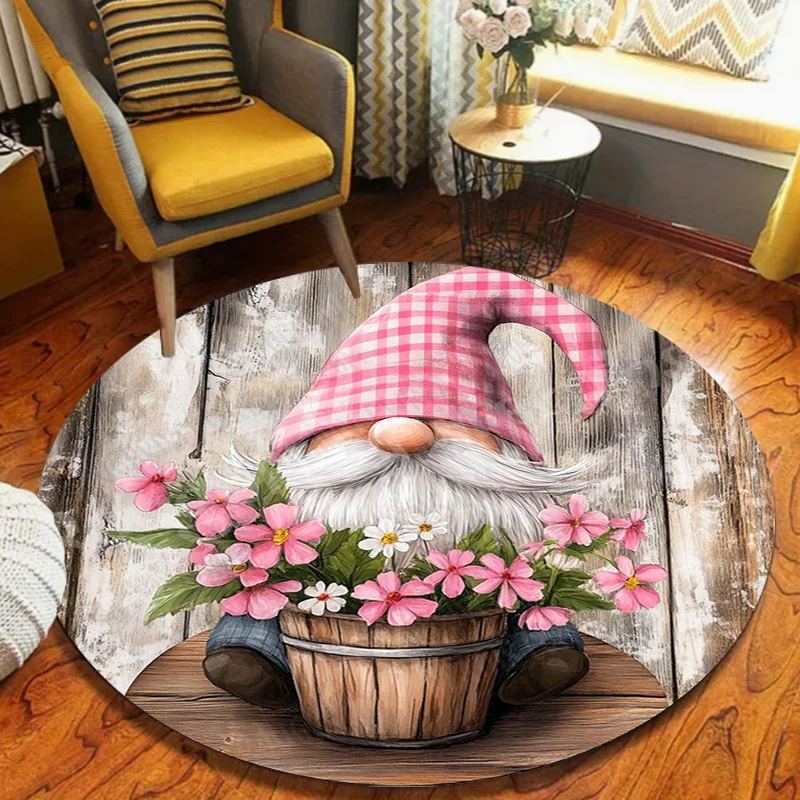 Nordic Gnome Pattern Round Carpet Vintage Wood Base with Floral Bouquet Rug Soft Non-slip Rustic Home Decor Mat for Living Room