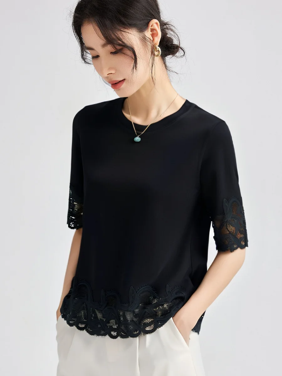 Women's Lace Trim Round Neck Short Sleeve T-Shirt 2025 Summer Slim Fit Casual Minimalist Solid Color Versatile Top