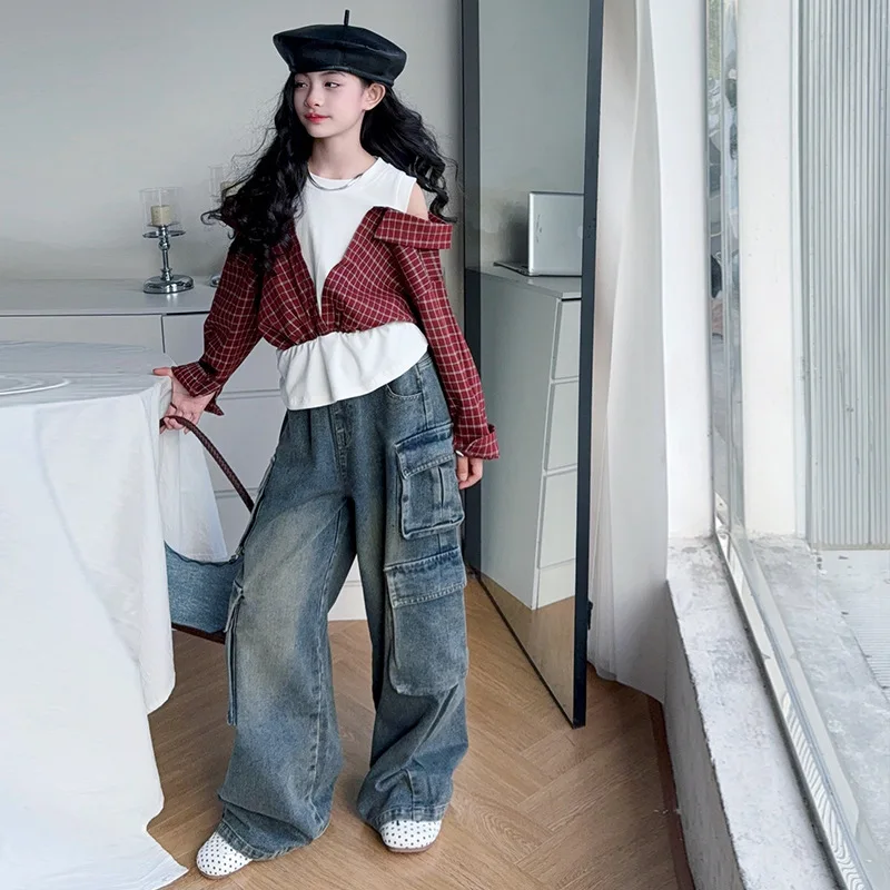 

Осенний школьный наряд для девочек из 2 предметов, клетчатый топ с открытыми плечами для маленьких девочек, детский джинсовый комплект-карго для девочек