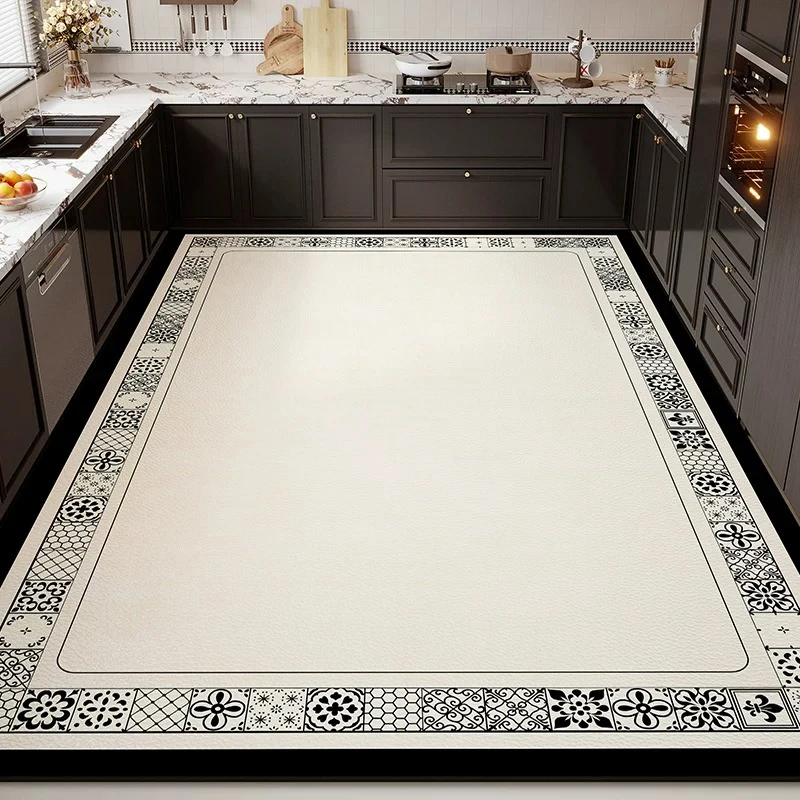 Black and White Retro Kitchen Carpet Large Area Floor Mat Non-slip Rug Dirty Resistant Easy Clean Mats PVC Leather Washable Rugs