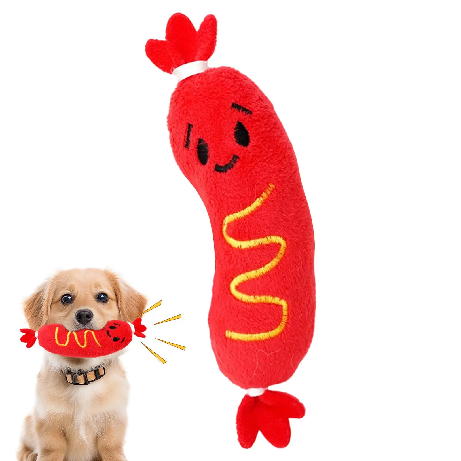 Hot Dog Quietschendes Hundespielzeug, langlebiges Plüsch-Kauspielzeug mit Sound, Zahnen und interaktivem Spielen für Welpen, Brüh- und Bindezeit im Innenbereich