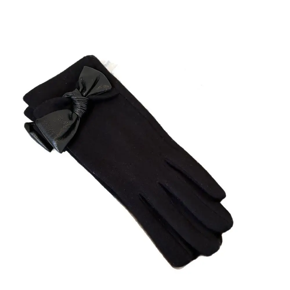 Bow Decor Winter Warm Gloves Thick Design One Size Touch Screen Gloves Polyester Fleece Lined Cycling Gloves For Women
