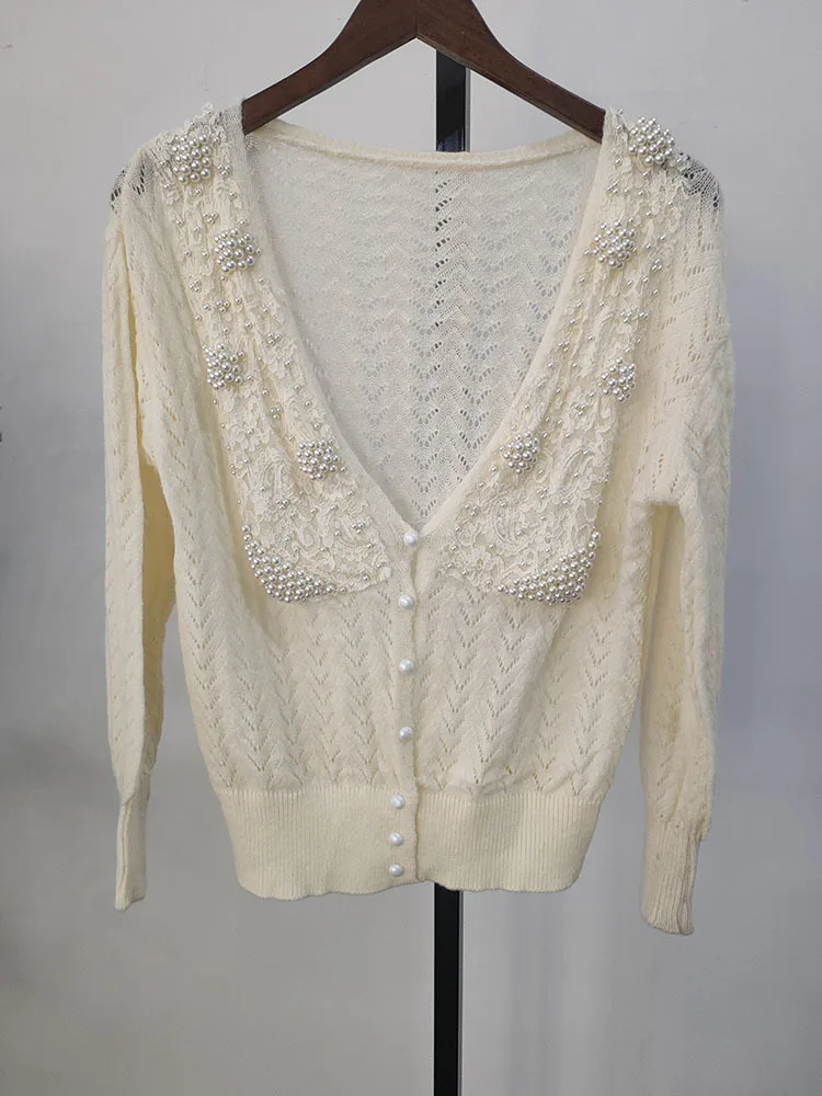 LANMREM Pearl Sweater Women Beige Color Stitching Cardigan V Veck Loose Chic Top 2024 Autumn Winter New Female Fashion 2R2993