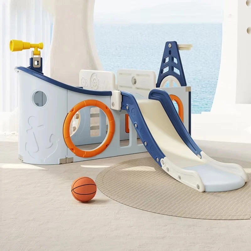 Cute Pirate Ship Multipurpose Indoor Slide 4 in 1 Fun Children Plastic Slide Stable Plastic Slide With Basketball Hoop for Kids