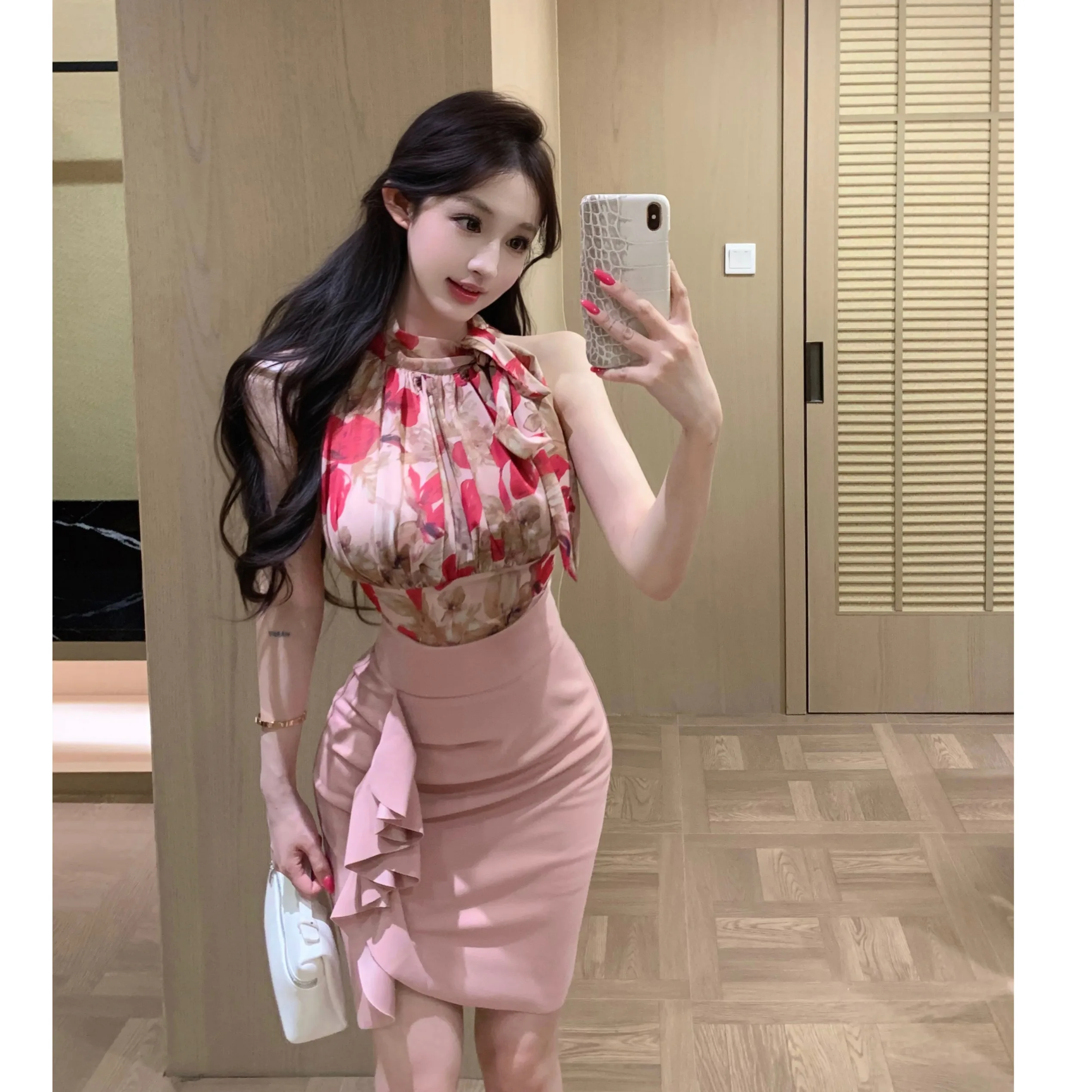 

Retro Floral Print Sari Neck Hanging Top Women High Waist Bodycon Skirt Half Skirt Two Piece Set Asymmetrical Design Handmade