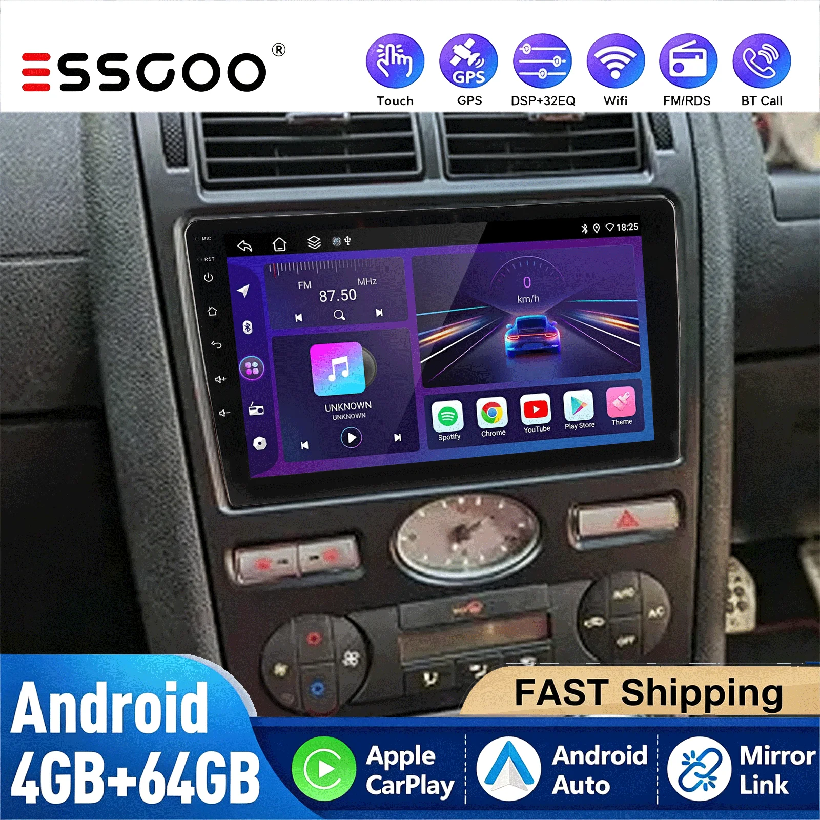 ESSGOO 4+64G Für Ford Mondeo Mk3 2004-2007 CarPlay Multimedia-Player Stereo Android Auto Radio GPS RDS NAVI WiFi BT DAB+ Kamera