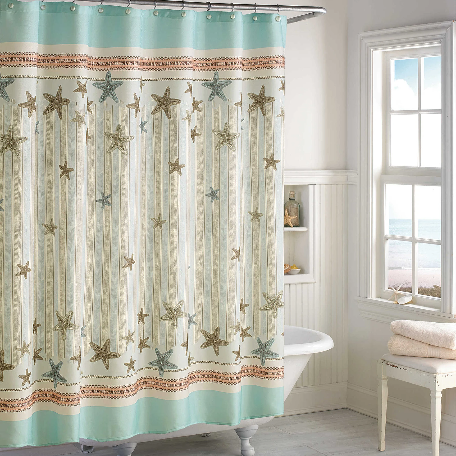 Tremiti Aqua Starfish Sea Polyester Fabric Ocean Printed Green-Blue Waterproof Shower Curtain