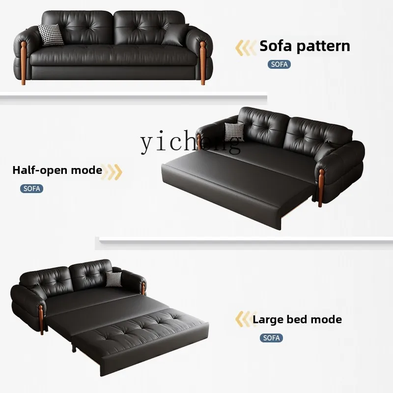 ZWS. First layer cowhide solid wood sofa bed folding dual-purpose small apartment Internet celebrity multi-function