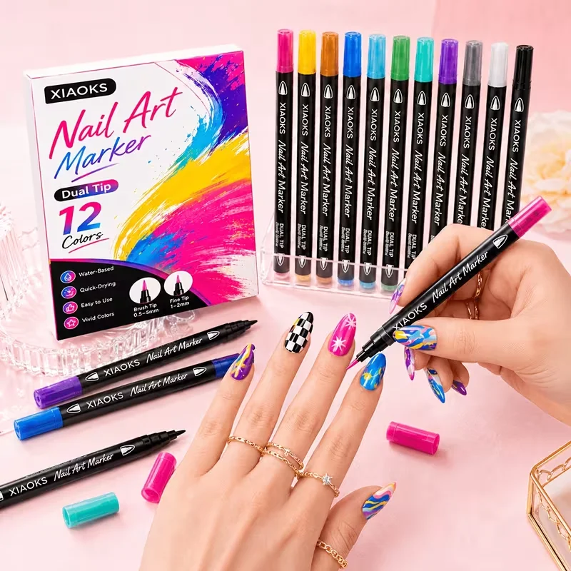 Xiaoks Nail Soft Tip Painting Pens, 12-Piece Dual-Tip 24-Color Pens, Acrylic Markers, Waterproof Quick-Dry Water-Based Nail Art Pens, No-Bake Scratch-Resistant, Easy DIY Creation of Complex Pattern Designs Easy to Use, Suitable for Any Application Scenario, the Same Style as the Ones Used by Instagram Influencers, Specialized for Nail Salons, a Must-Have Tool for Nail Enthusiasts. It Is a Thoughtful Gift for Women and Men on Valentine's Day, Birthdays, and Other Holidays & New Year's Eve.