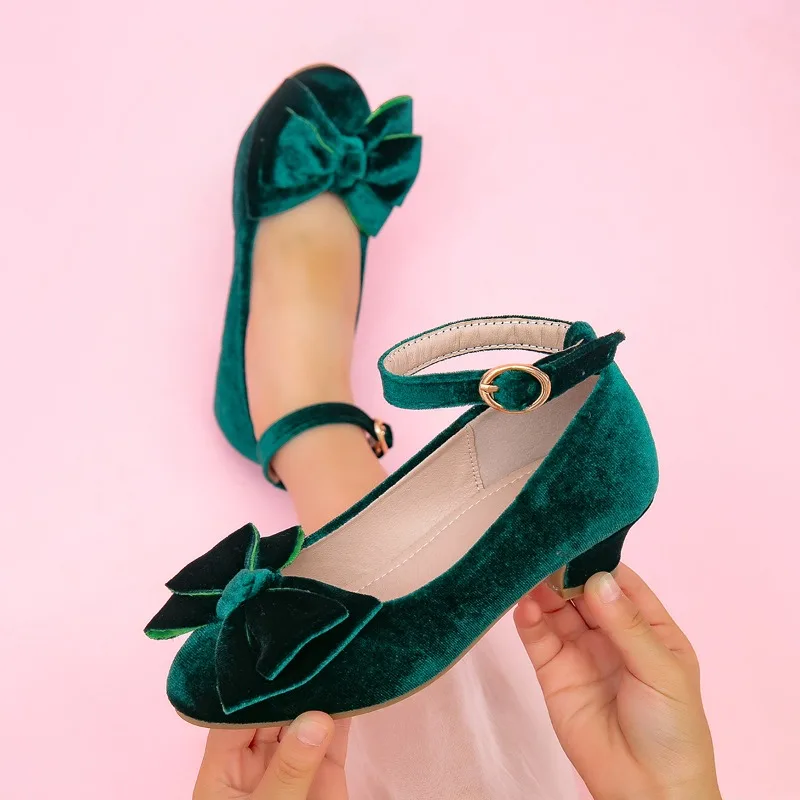 Spring Autumn Girls High Heel Shoes Catwalk Performance Kids Leather Shoes Princess Fashion Bowknot Children School Dress Shoes