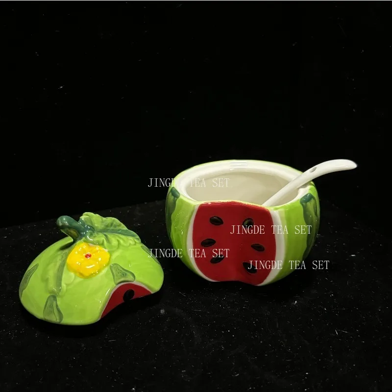 Creative Ceramic Seasoning Jar Bottle Kitchen Decoration Racks Fruit Melon Shape Spices Storage Tank Sugar Bowl with Lid &Spoon
