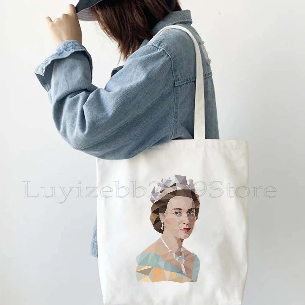 Queen Elizabeth II Portrait Gifts Canvas Shoulder Reusable Tote Bag England Flag British Harajuku Women Shopper Shopping Handbag