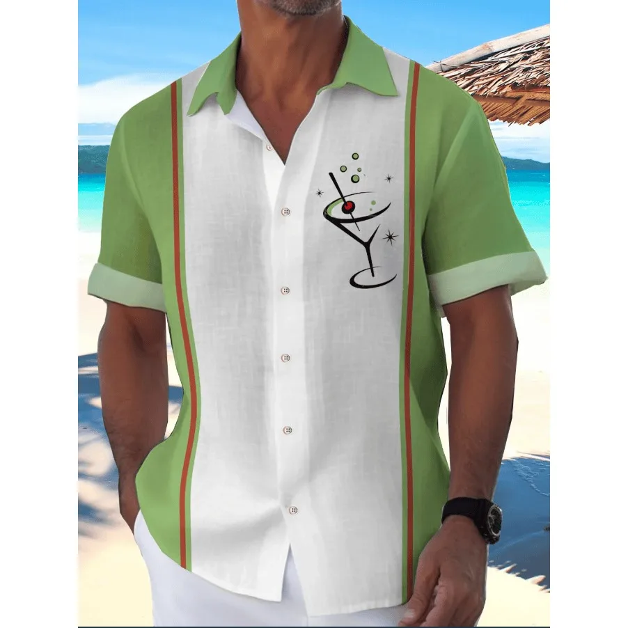 

2026 Summer Men's New Hawaiian Shirt Fashion Cocktail Printed Short Sleeve Summer Leisure Seaside Vacation Style Large T-shirt
