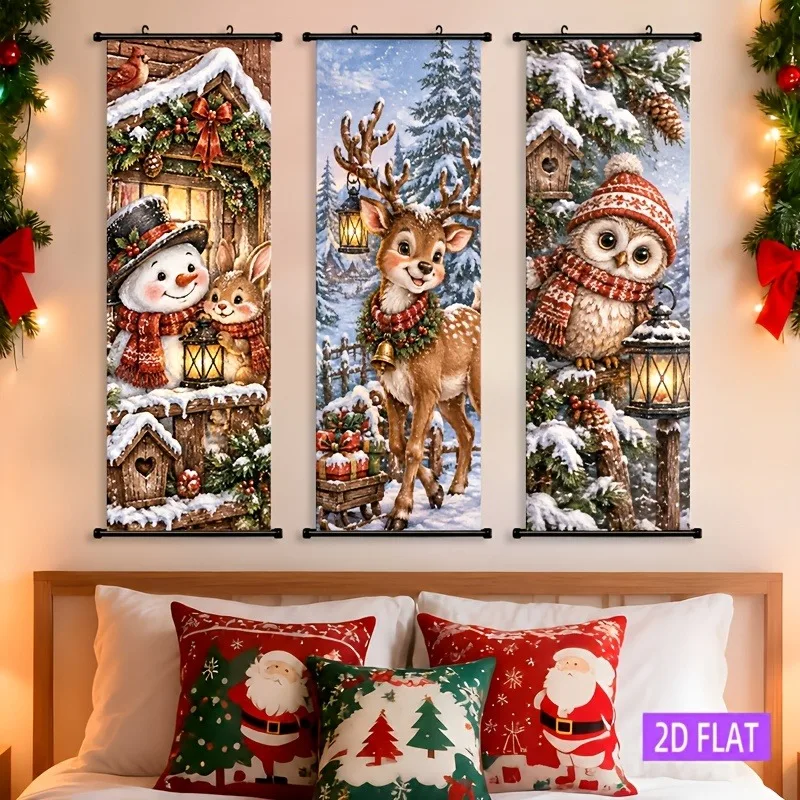 VIKAMA 3PCS Christmas Wall Tapestry Set, Vintage Santa Snowman Reindeer Scroll Banner for Rustic Xmas Home Decor