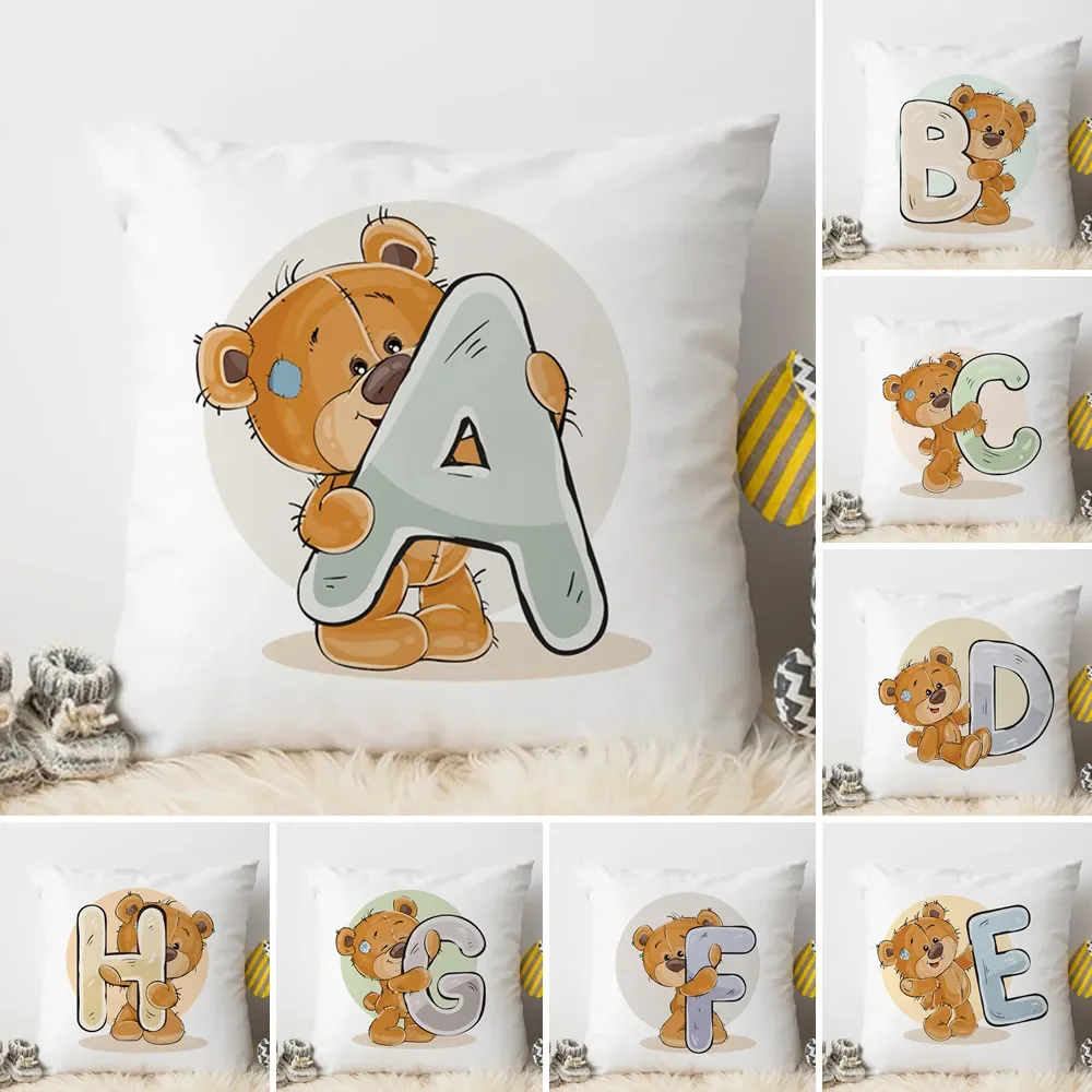 Cute Cartoon Animal Cushion Cover for Children Room Water Color A-P English Letter Print Pillow Case Soft Pillowcase 45x45cm