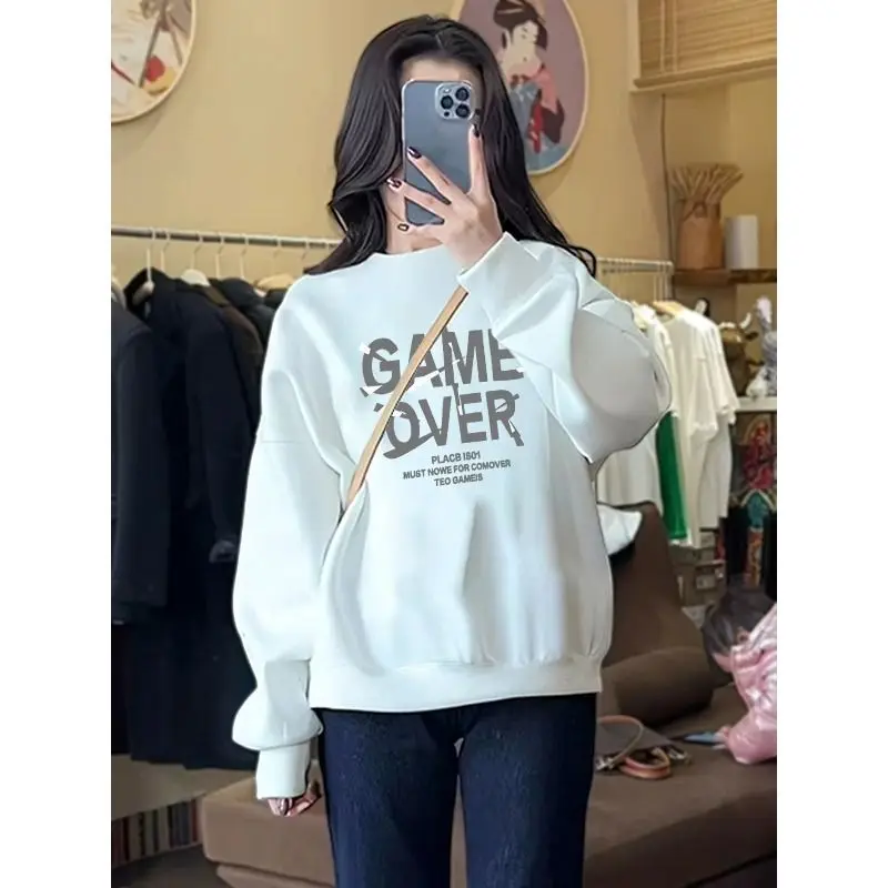 Autumn and Winter Women\'s Crew Neck Long Sleeves Printing Loose Pullovers Korean Hoodies Fashion Casual All Match Tops