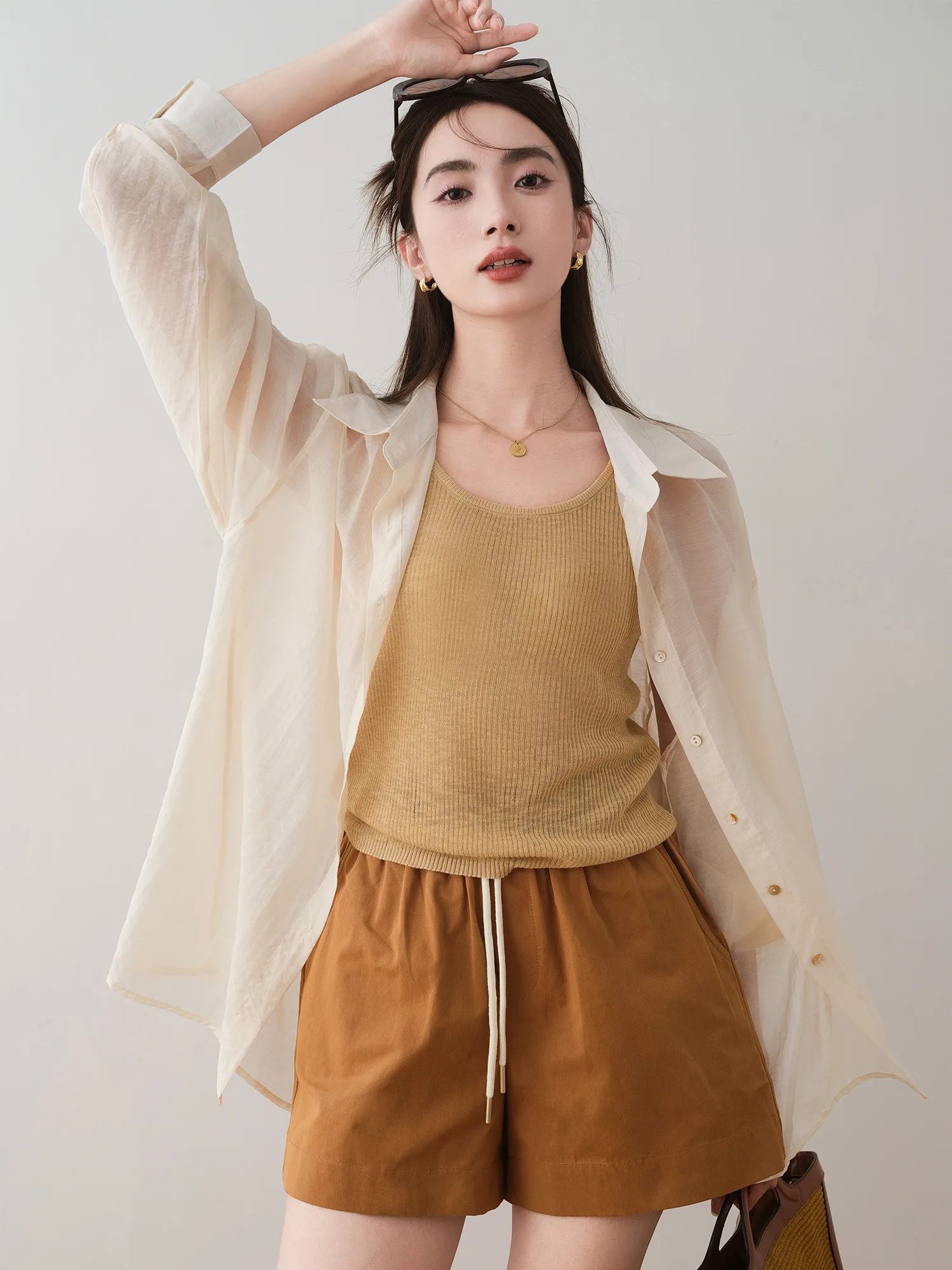 

Ronron Summer 2024 Sun Protection irt Strap Loose Feel Tee Piece Set Women's Faion Ensemble Long Sve Flip Collar