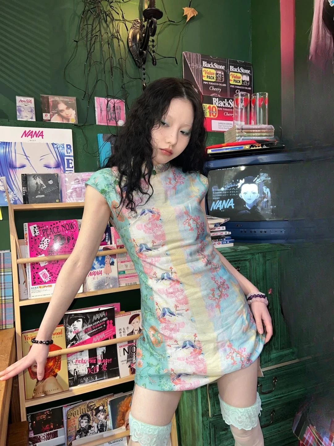 Vintage Cheongsam High Waist Print Mini Dress Women Elegant Dresses e-girl fairycore 2000s grunge aesthetic korean clothing y2k