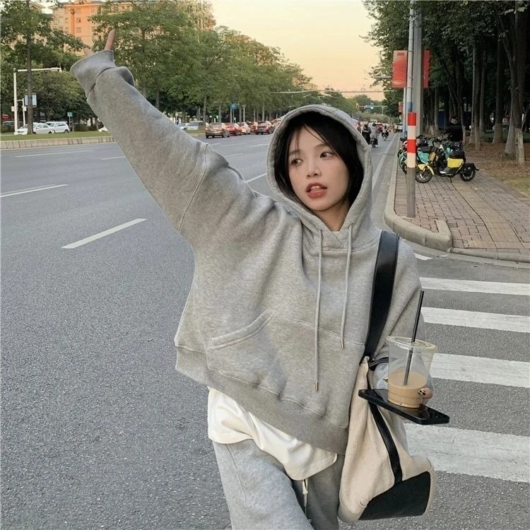 Trendy Grey Cropped Hooded Sweatshirt Women 2026 Fall Designer Niche Aesthetic Thick Fleece Loose Long Sleeve Tops