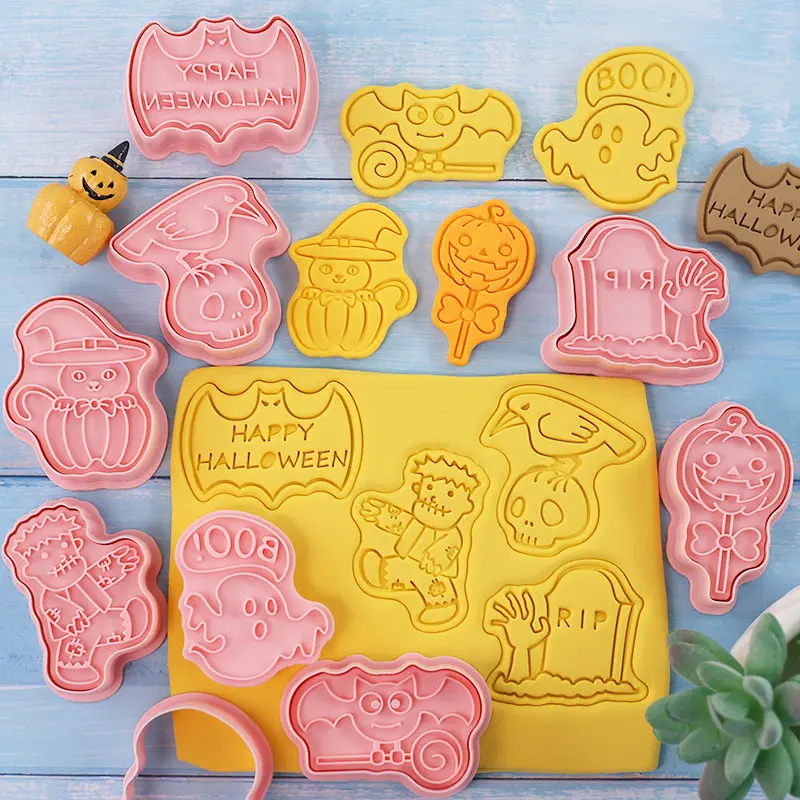 Halloween Cookie Stamp Cutters 8Pcs Ghost Zombie Tombstone Pumpkin Bat Biscuit Mold Fondant DIY Baking Supplies for Halloween view 4