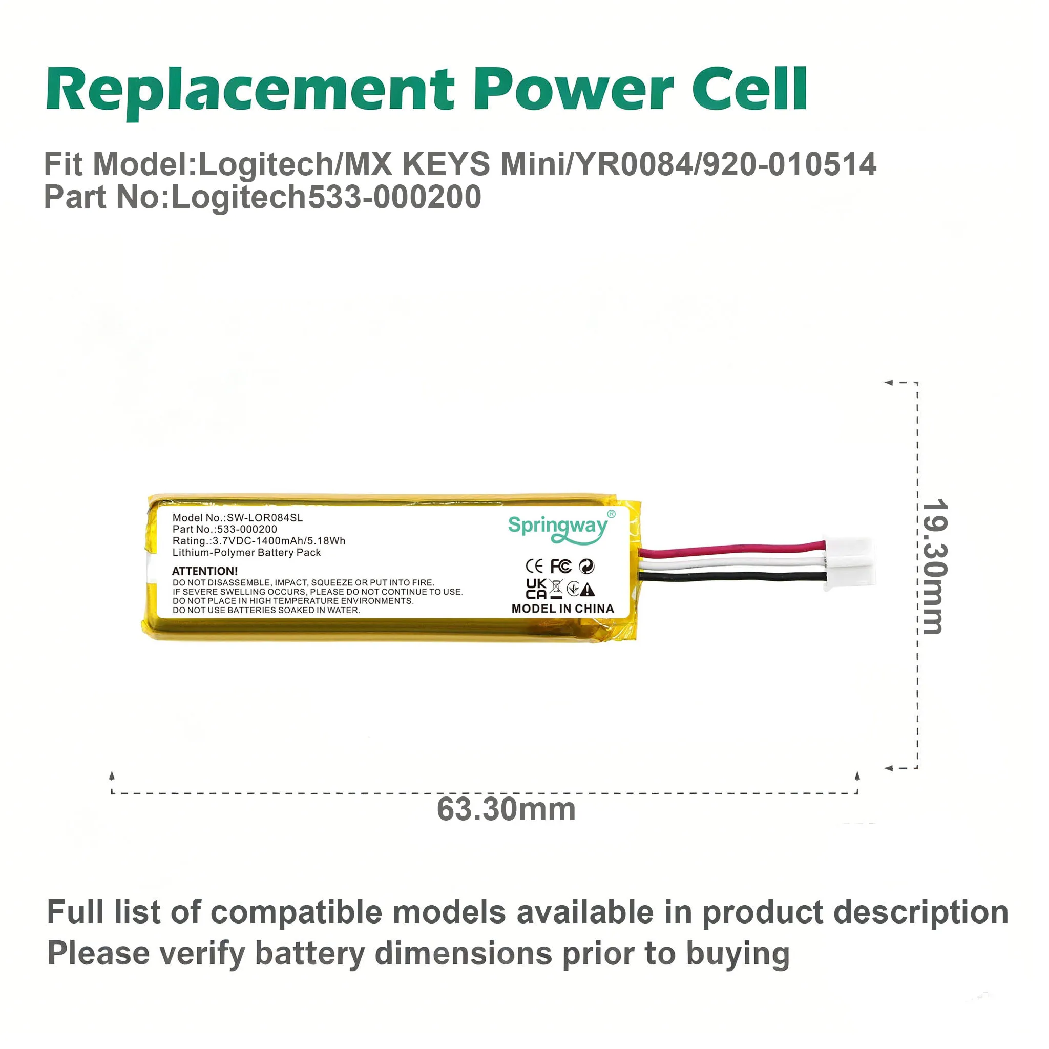 3.7V 1400mAh Li-Polymer Replacement Battery For Logitech MX KEYS Mini YR0084 920-010514 Part No 533-000200 Keyboard Power Cell